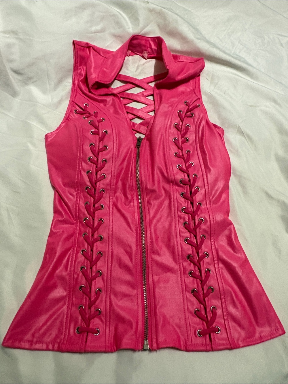 Fuchsia Lace-Up Sleeveless Zip Front Top